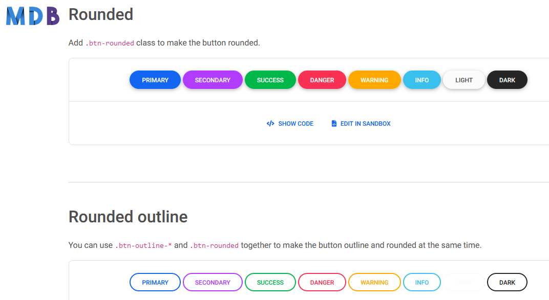 Des boutons remplis ou en fil de fer dans Material Design Bootstrap